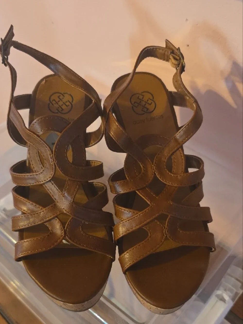 Tan Leather Strappy Cork Wedge Sandals